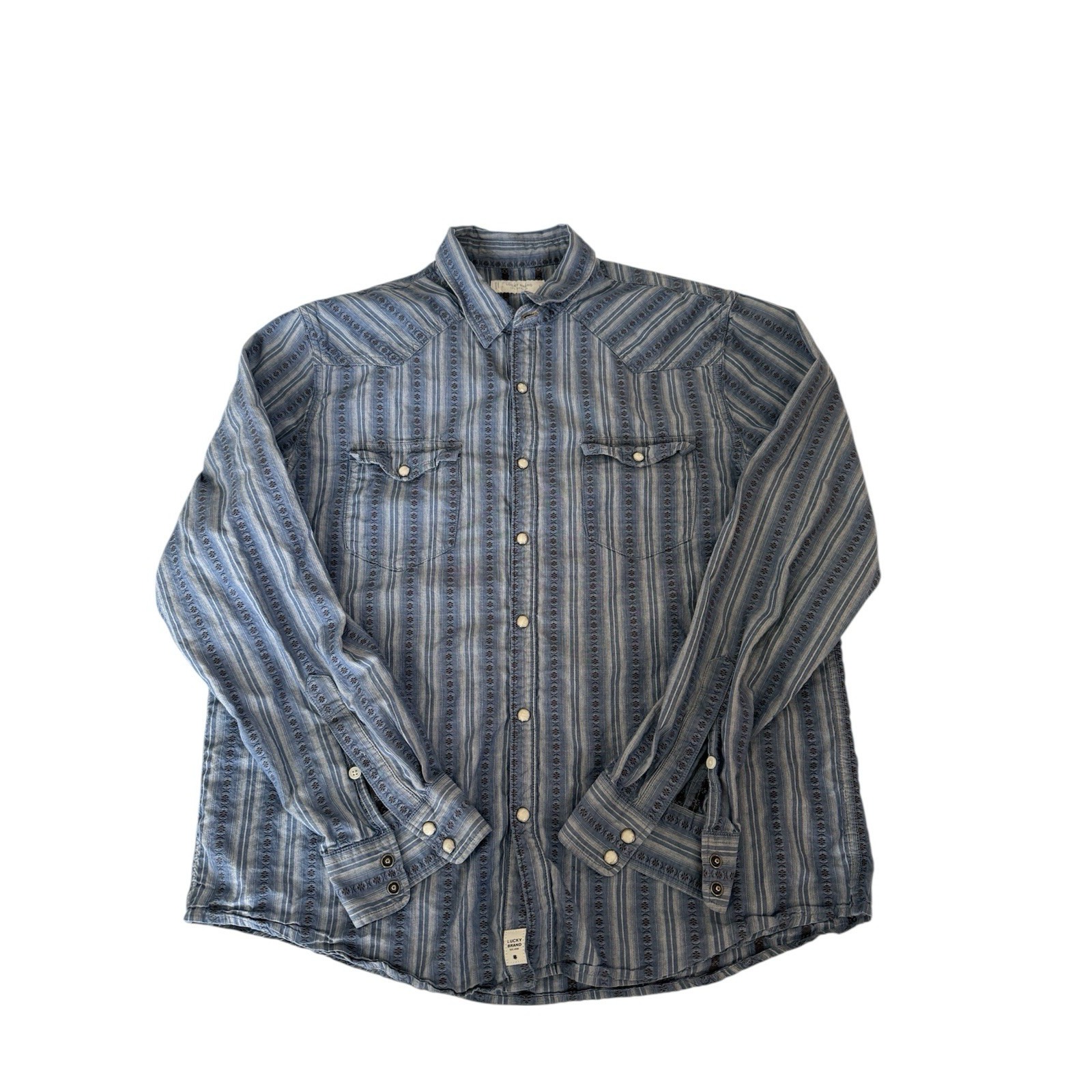 Lucky Brand Western Shirt Men's Blue Pearl Snap Shirt Large